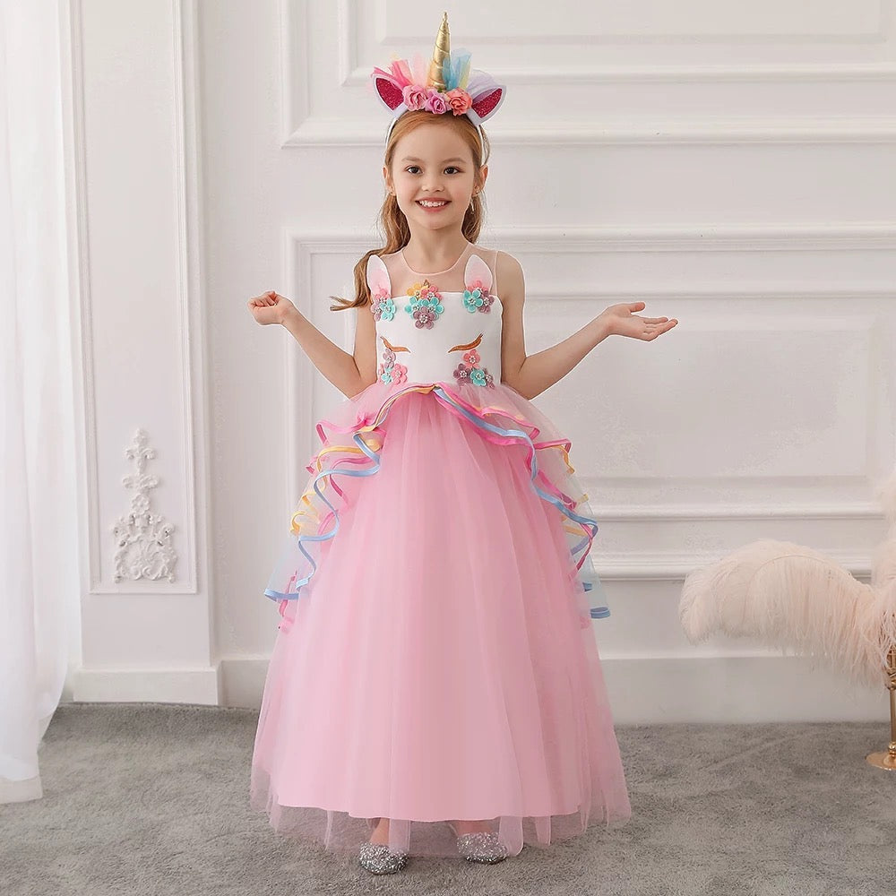 Unicorn Birthday Princess Dress With Headband,Pink/Purple,3T to 12T.
