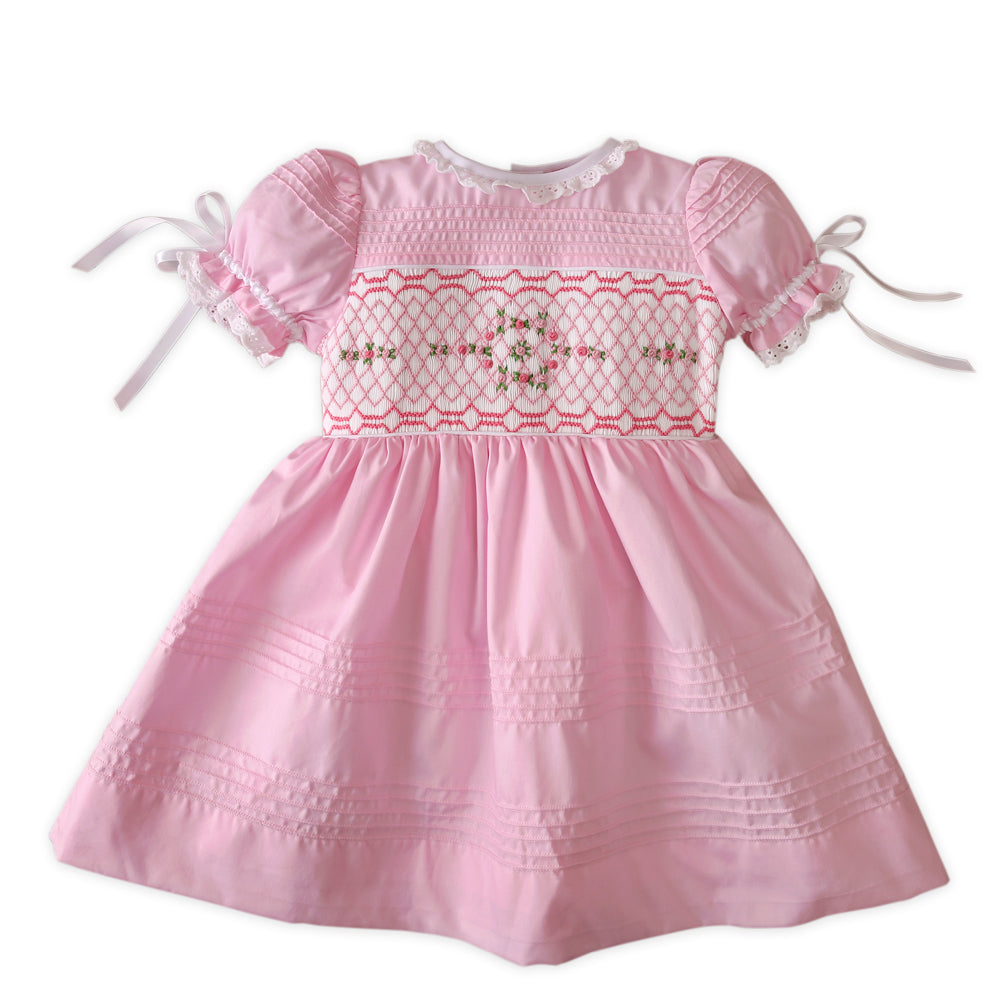 Pink Floral Geometric Hand Smocked Dress