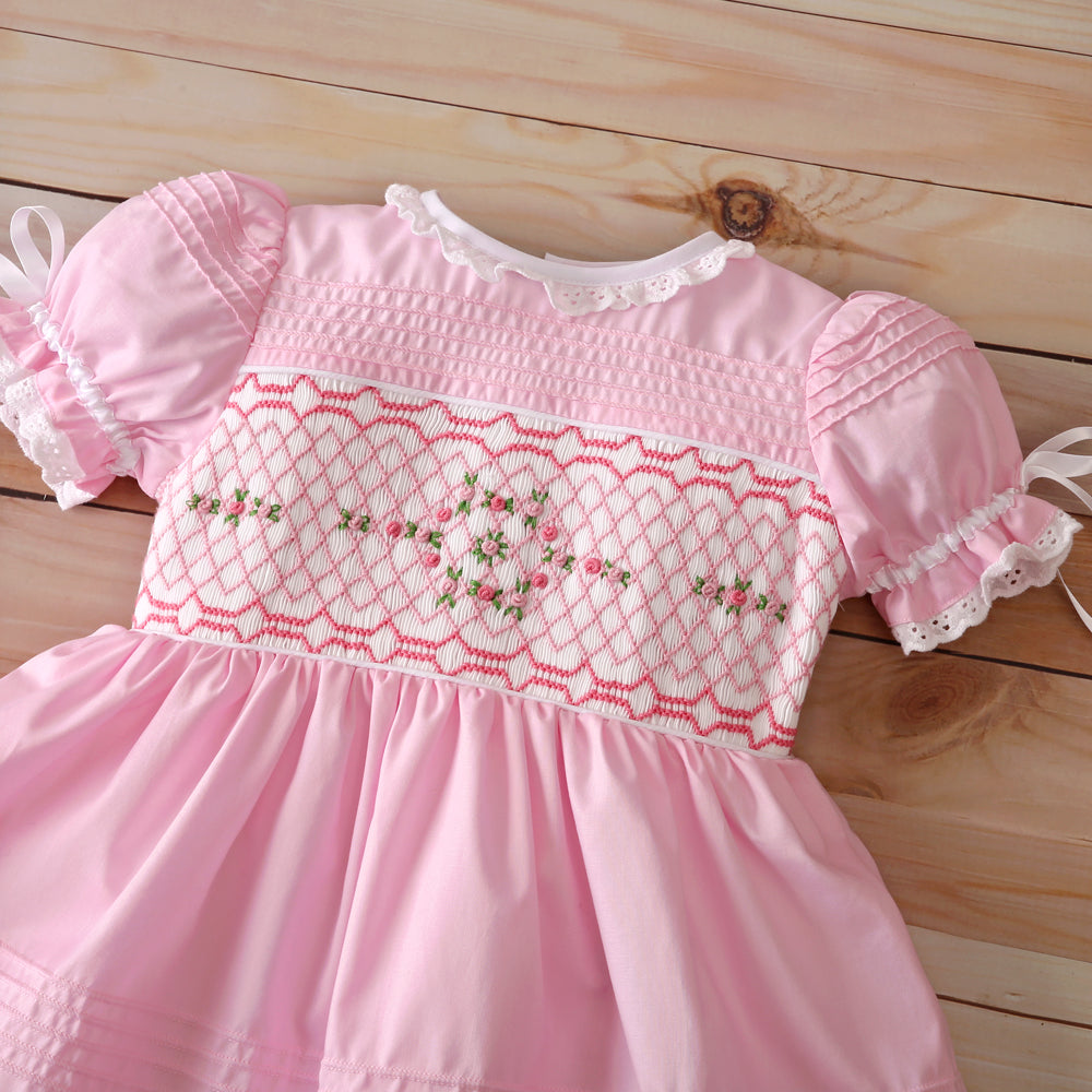 Pink Floral Geometric Hand Smocked Dress