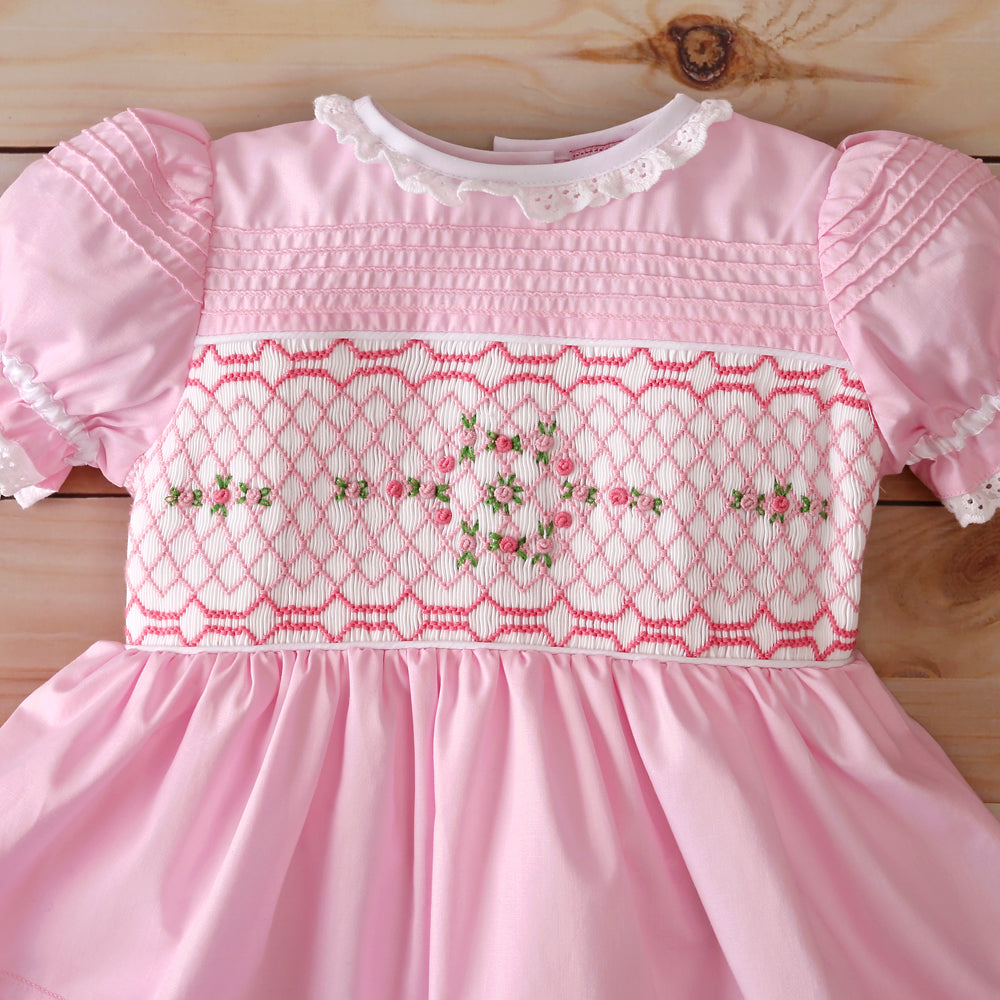 Pink Floral Geometric Hand Smocked Dress