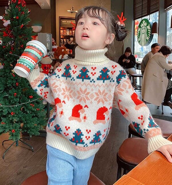 Christmas Theme Turtlenecks, Red/Beige,2T to 8T