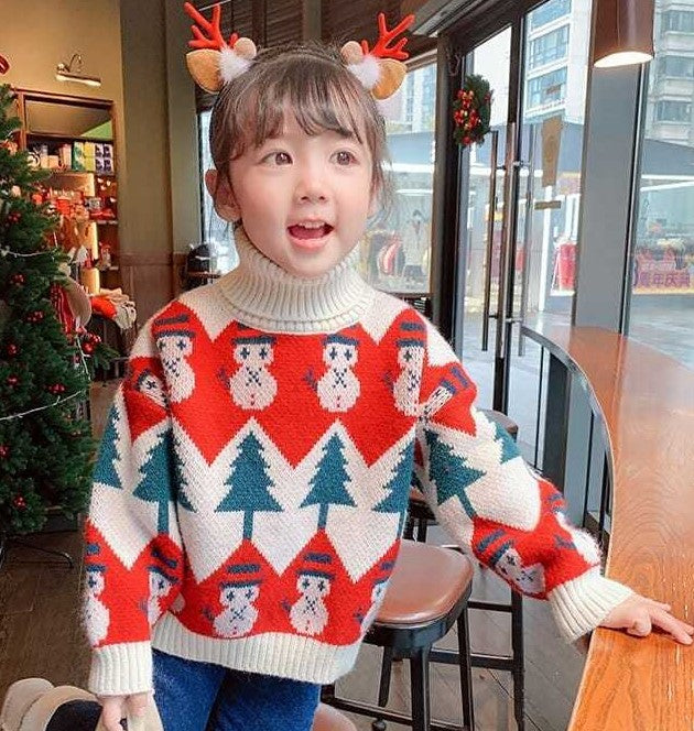 Christmas Theme Turtlenecks, Red/Beige,2T to 8T