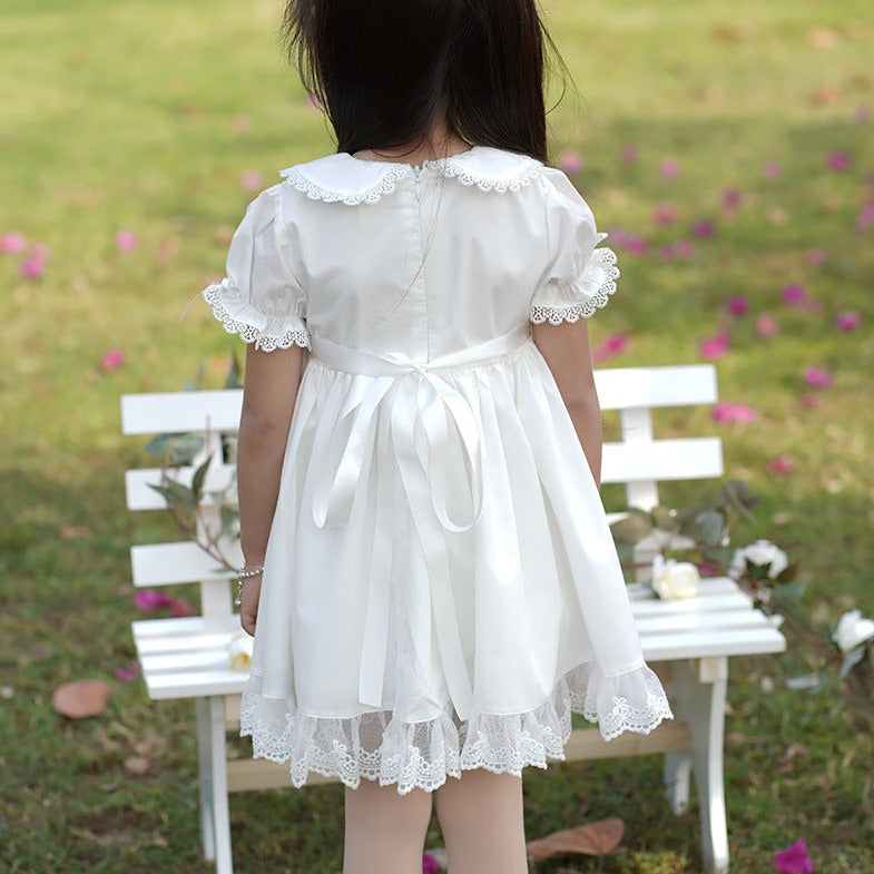 White Peter Pan Collar Dress With Embroidery,2T to 7T.