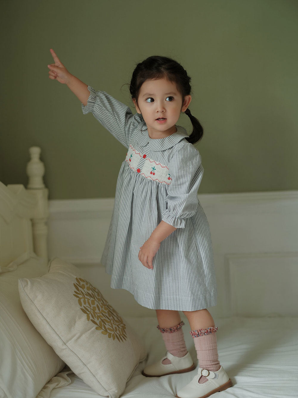 Stripped Cherries Smocked Dress,12M to 6T.