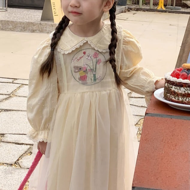 Beige Bunny Embroidered Easter Dress,2T to 7T.