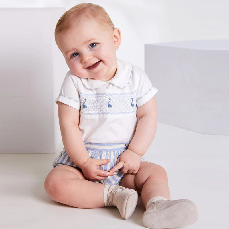 Hand Smocked Boys Shirt & Navy Stripped Pants,12M to 5T.