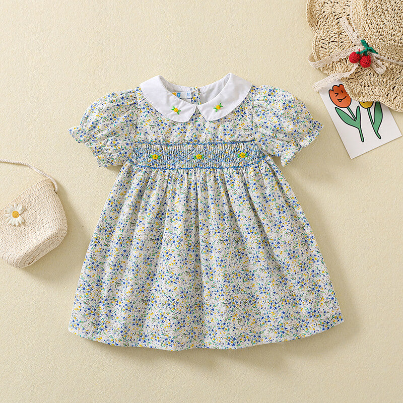 Cute Floral Hand Smocked Dress,Pink/Blue,12M to 5T.