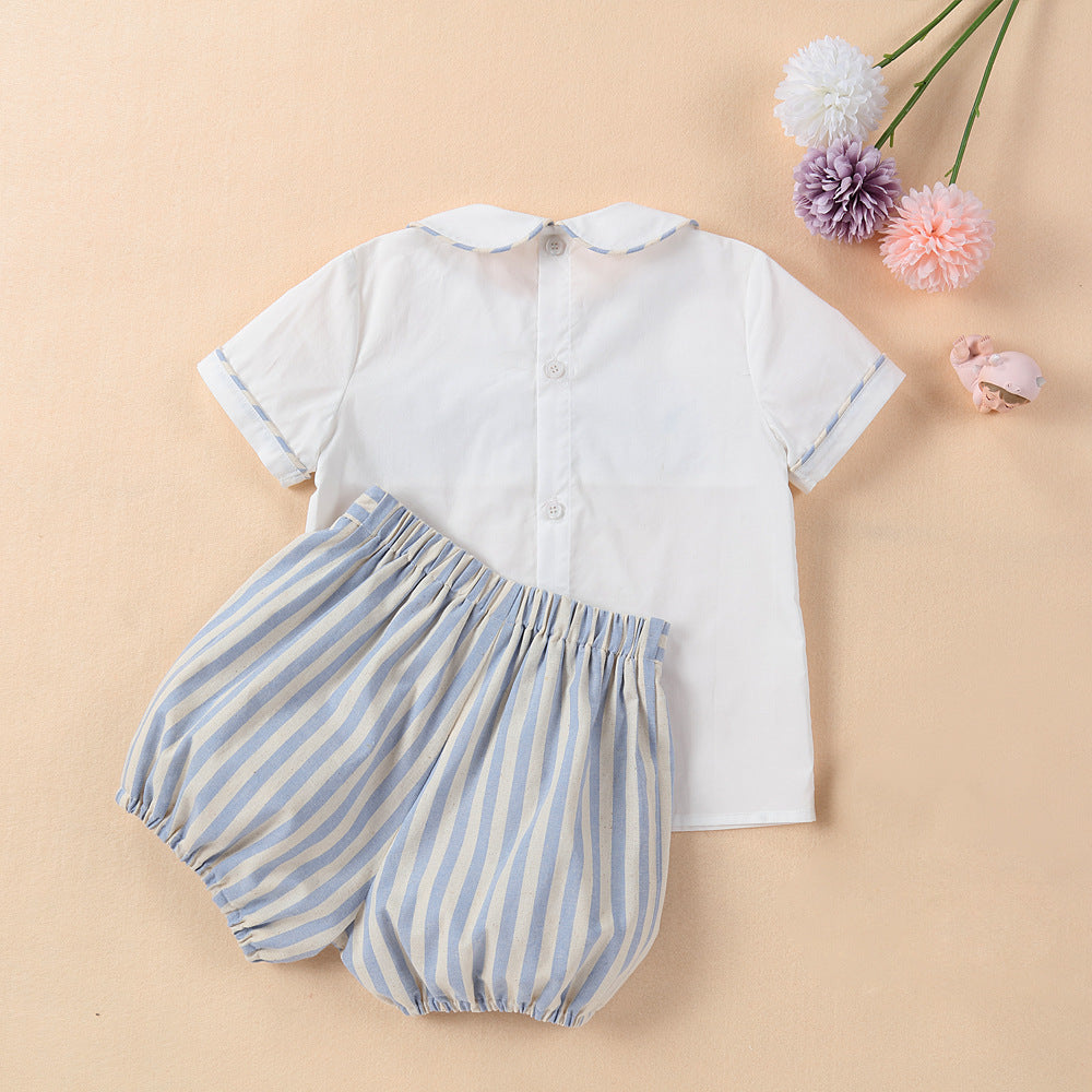 Hand Smocked Boys Shirt & Navy Stripped Pants,12M to 5T.