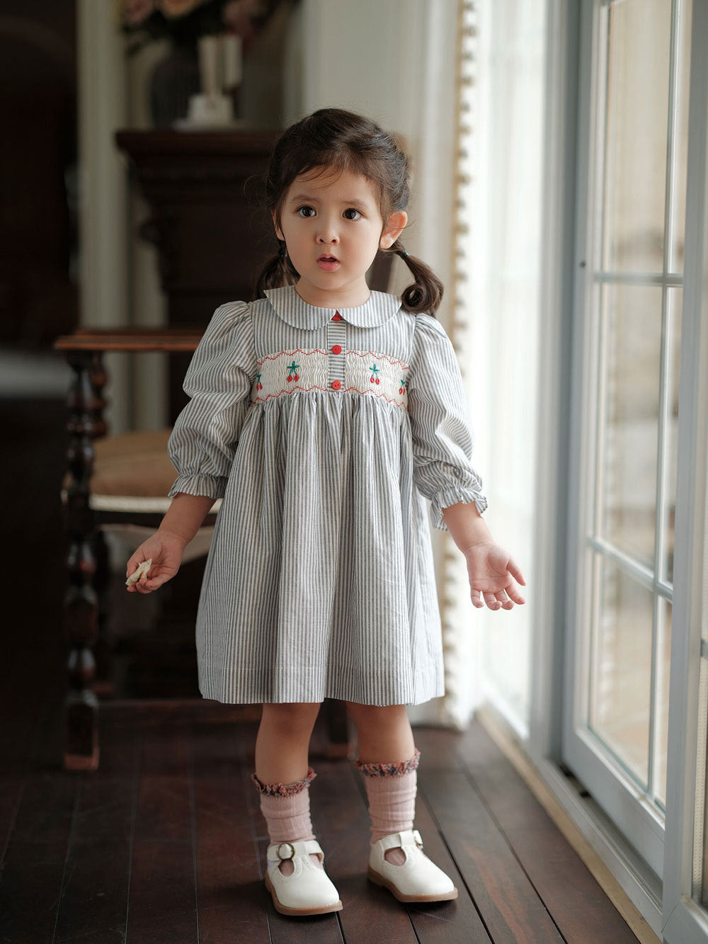Stripped Cherries Smocked Dress,12M to 6T.