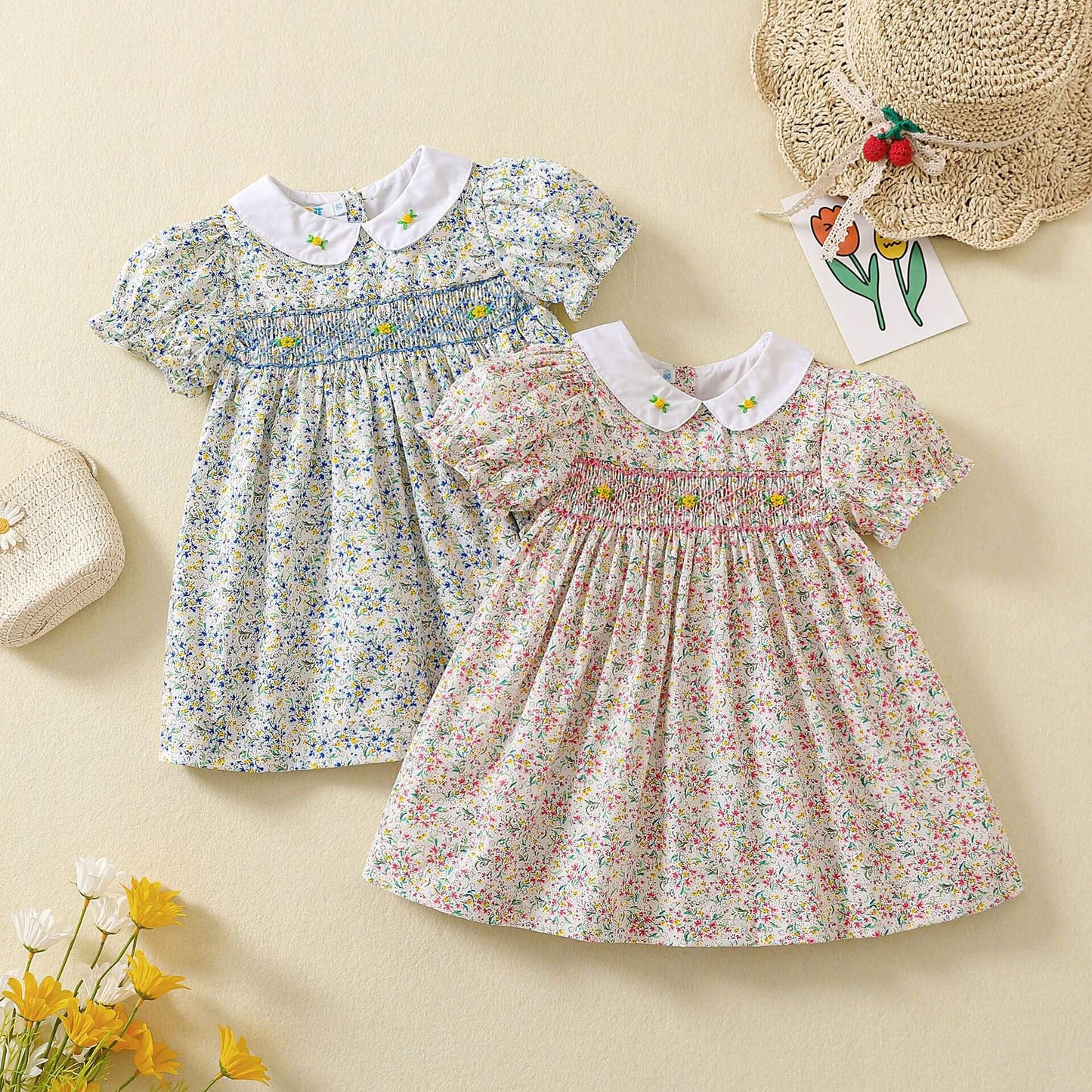 Cute Floral Hand Smocked Dress,Pink/Blue,12M to 5T.