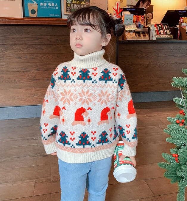 Christmas Theme Turtlenecks, Red/Beige,2T to 8T