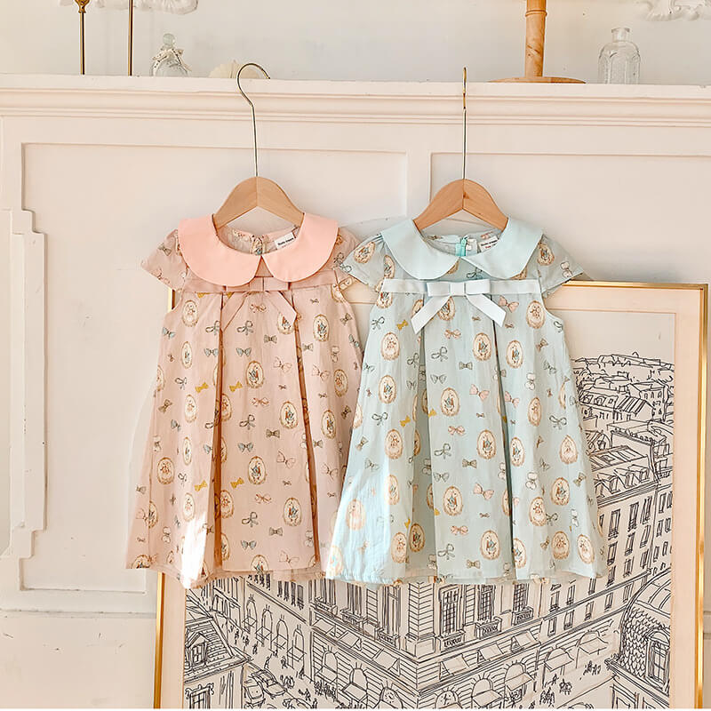 Adorable French Bow Knot Pleated Dress,2T to 7T.