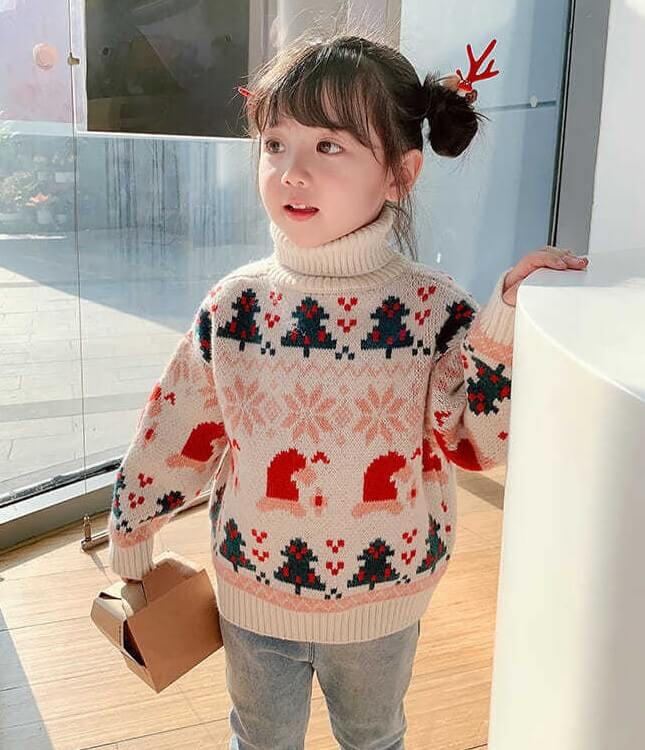 Christmas Theme Turtlenecks, Red/Beige,2T to 8T