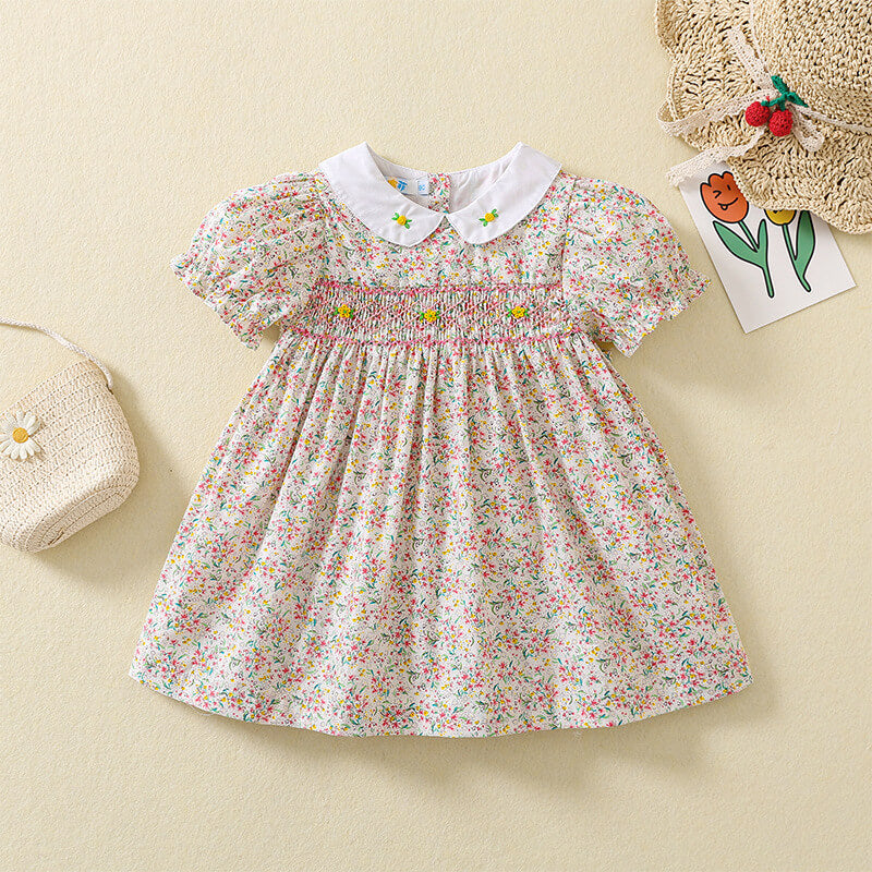 Cute Floral Hand Smocked Dress,Pink/Blue,12M to 5T.