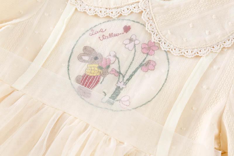 Beige Bunny Embroidered Easter Dress,2T to 7T.