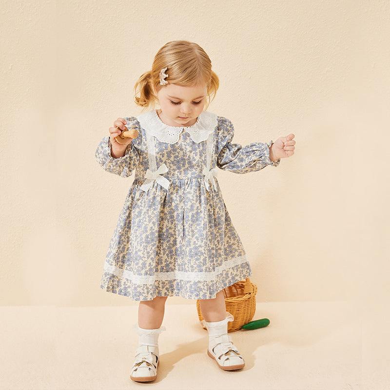 Adorable Floral Dress With Lace & Bows,6M To 4T. 3T / Blue Adorable Floral Dress With Lace & Bows,6M To 4T. 3T / Blue