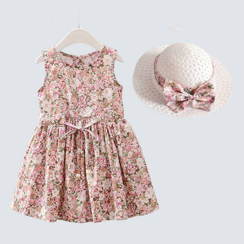 Sleeveless Floral Dress With Hat, Pink/Blue,2T to 6T.