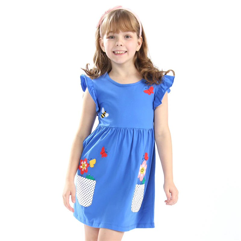 Cute Birds & Flowers Applique Dress, Cotton, 2-7Y