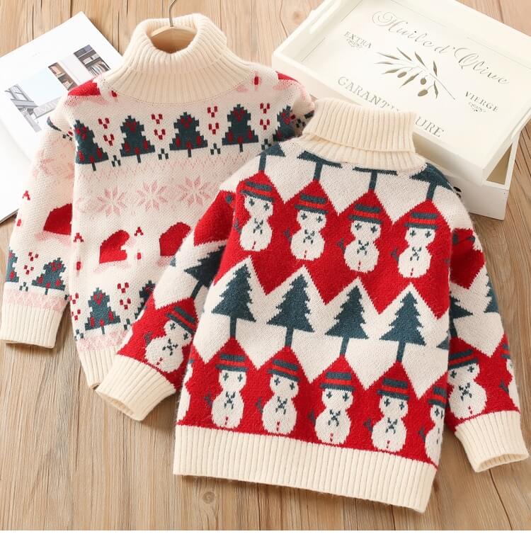 Christmas Theme Turtlenecks, Red/Beige,2T to 8T
