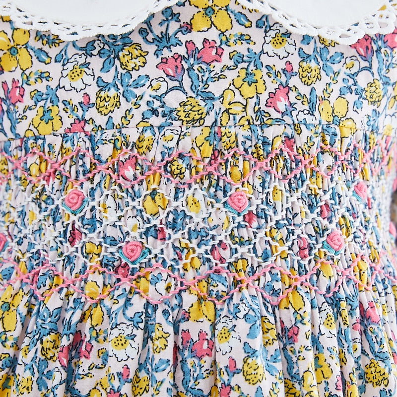 Floral Hand Smocked Dress With Lace Highlights,12M to 6T.