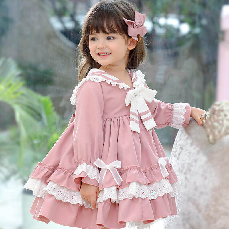 Spanish style Lolita Dress with bows, Pink/Blue, 12M to 5T.