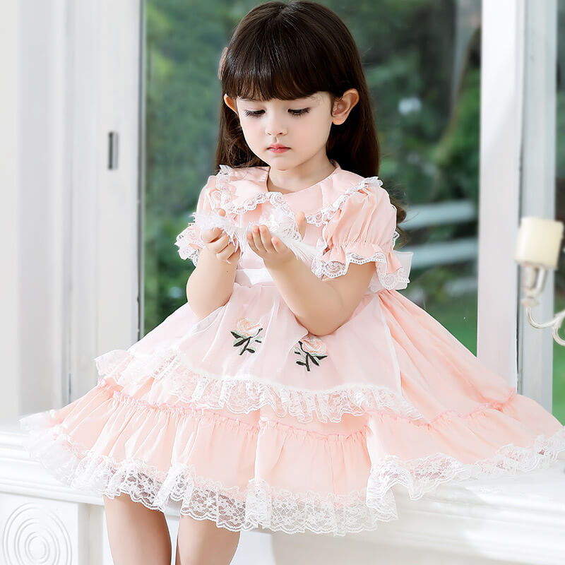 Spanish Style Lace Dress With Embroidery,Yellow/Pink,2T to 6T.