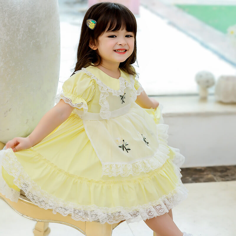 Spanish Style Lace Dress With Embroidery,Yellow/Pink,2T to 6T.