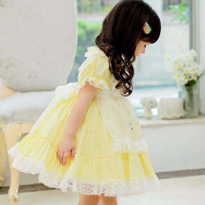 Spanish Style Lace Dress With Embroidery,Yellow/Pink,2T to 6T.