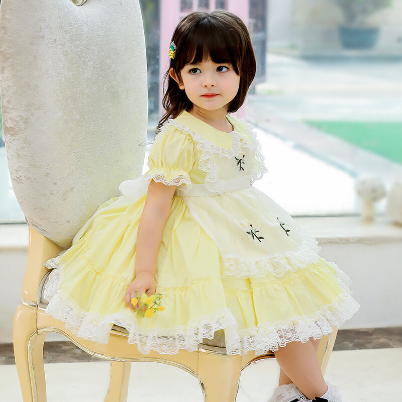 Spanish Style Lace Dress With Embroidery,Yellow/Pink,2T to 6T.