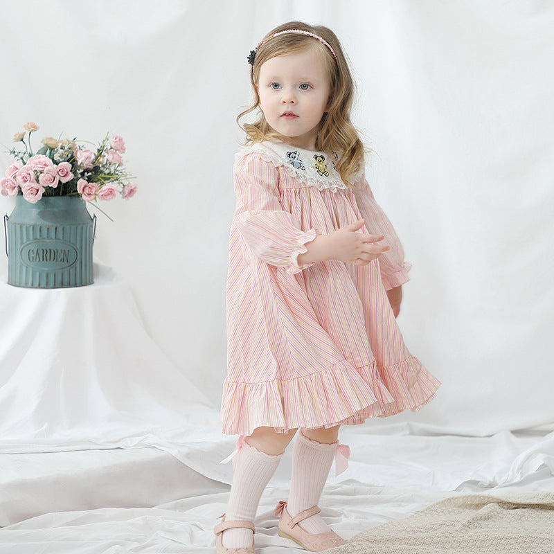 Pink Gingham Bear Embroidered Dress,12M to 6T.