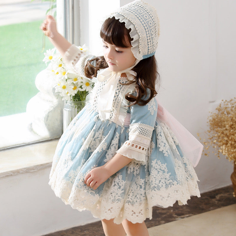 3Pc Stunning Vintage Style Lace Dress,Pink/Blue,12M to 6T.
