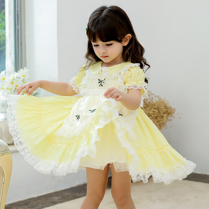 Spanish Style Lace Dress With Embroidery,Yellow/Pink,2T to 6T.