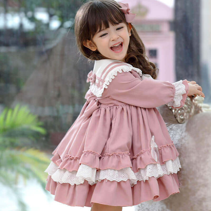 Spanish style Lolita Dress with bows, Pink/Blue, 12M to 5T.