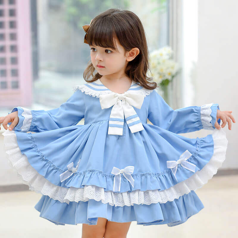 Spanish style Lolita Dress with bows, Pink/Blue, 12M to 5T.