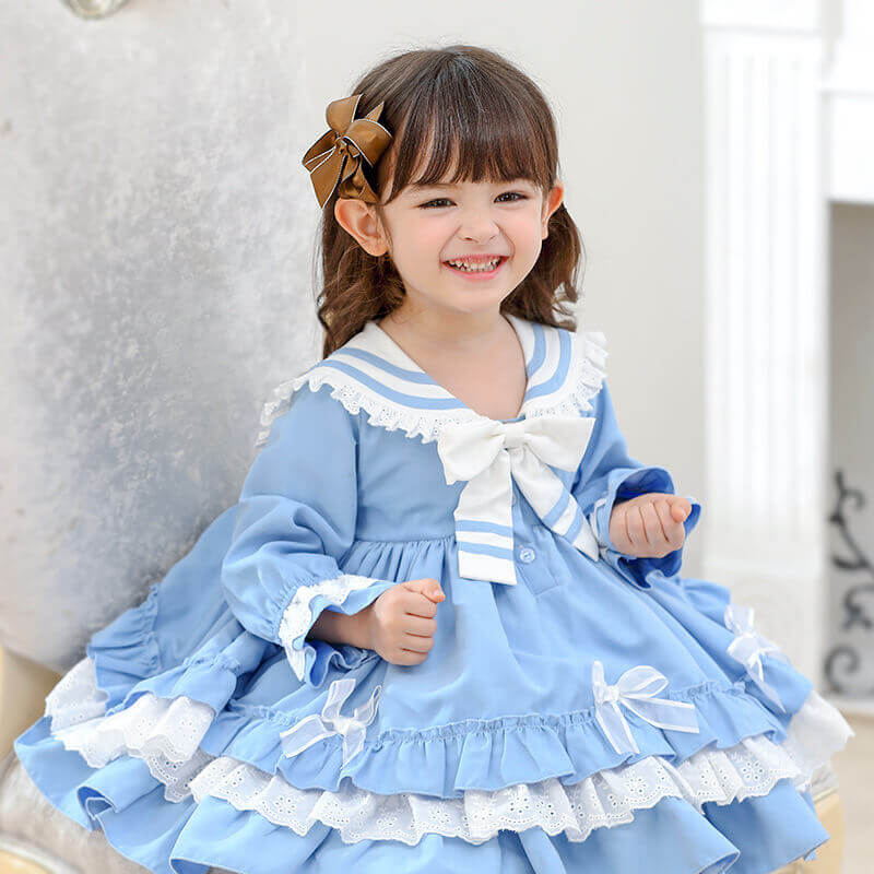 Spanish style Lolita Dress with bows, Pink/Blue, 12M to 5T.