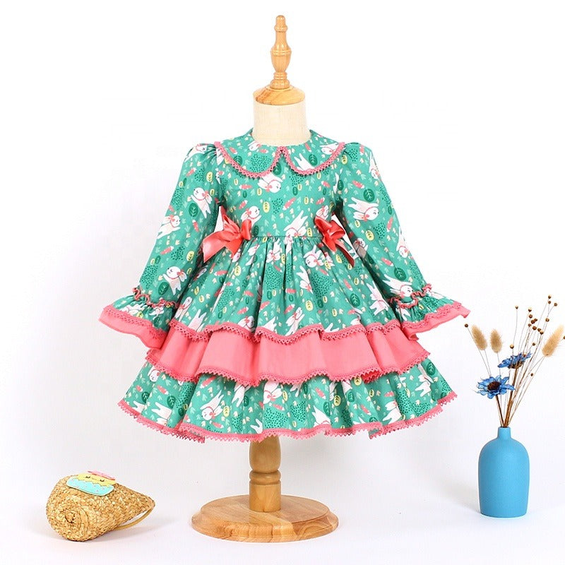 Cute Print Full Sleeves Spanish Dress,2T to 7T.