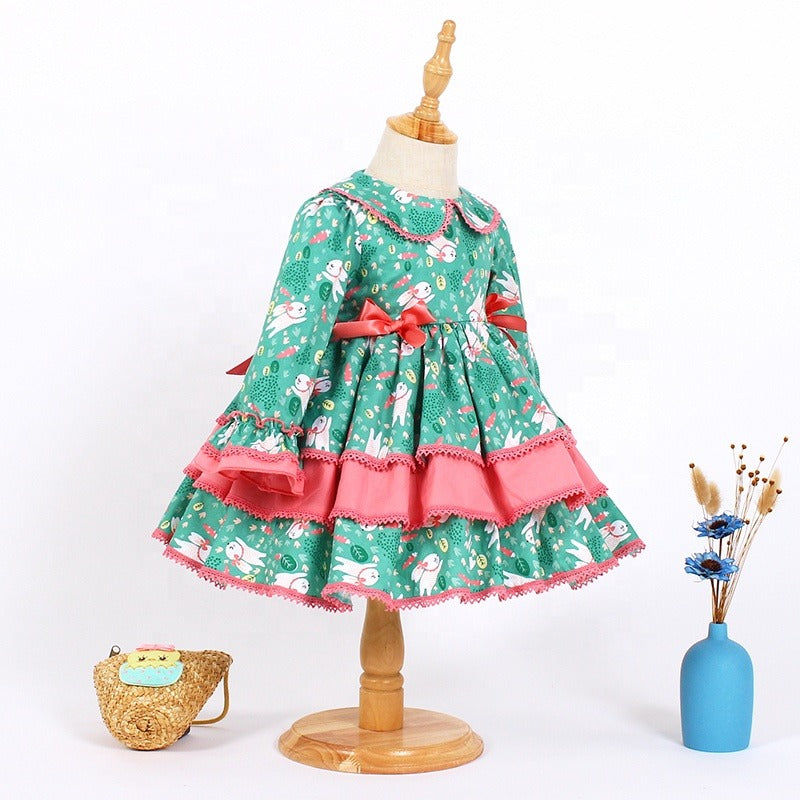 Cute Print Full Sleeves Spanish Dress,2T to 7T.
