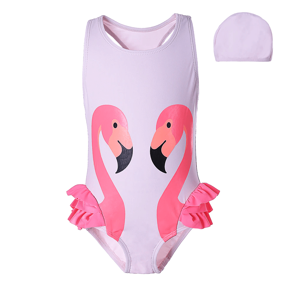 Flamingo print swimwear with hat,3T to 7T.