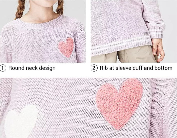 Heart Embroidered Crew Neck Sweater,3T to 9T.