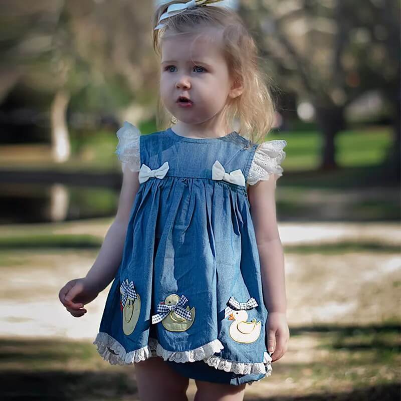 Cute Denim Dress With Embroidered Ducks,Cotton,12M to 6T.