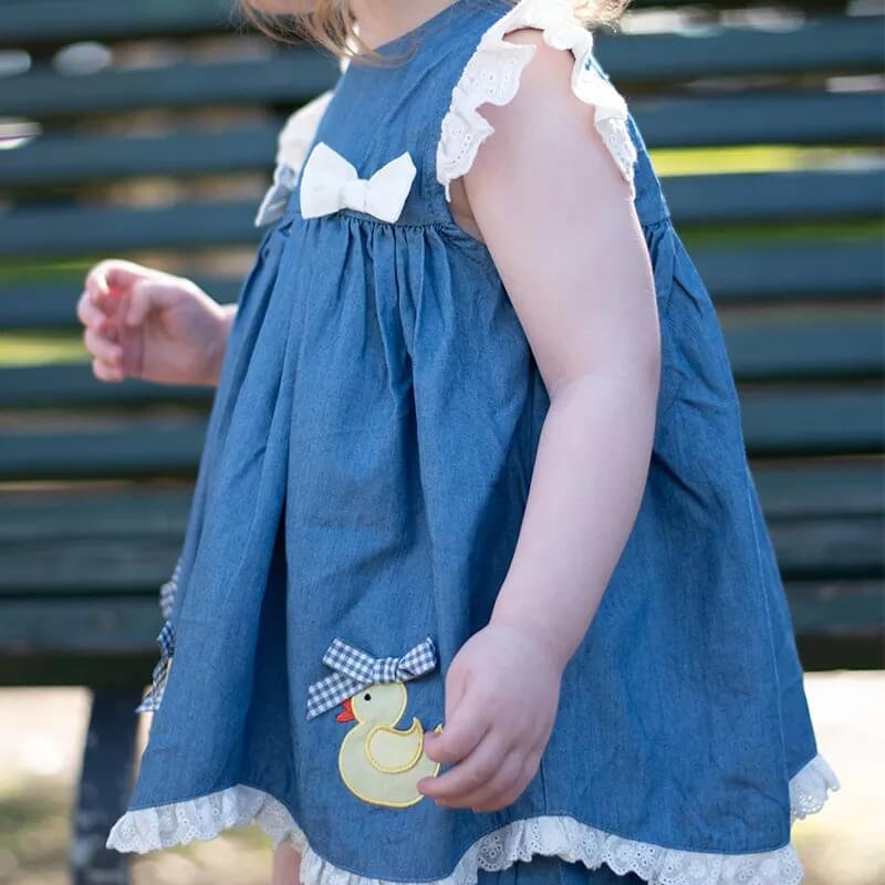 Cute Denim Dress With Embroidered Ducks,Cotton,12M to 6T.