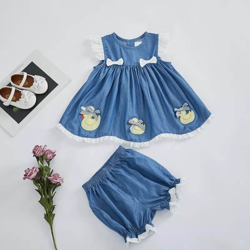 Cute Denim Dress With Embroidered Ducks,Cotton,12M to 6T.