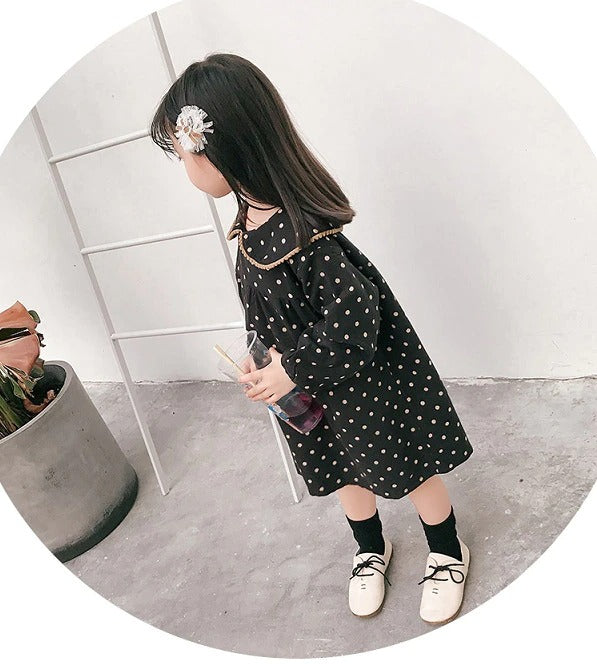 Cute Polka Dot Dress,Black/Beige,3T to 7T.