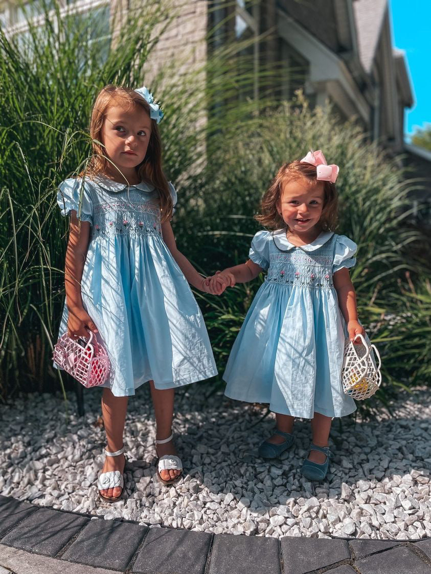 Hand Smocked Dress With Floral Embroidery,Blue/Green,12M to 6T.