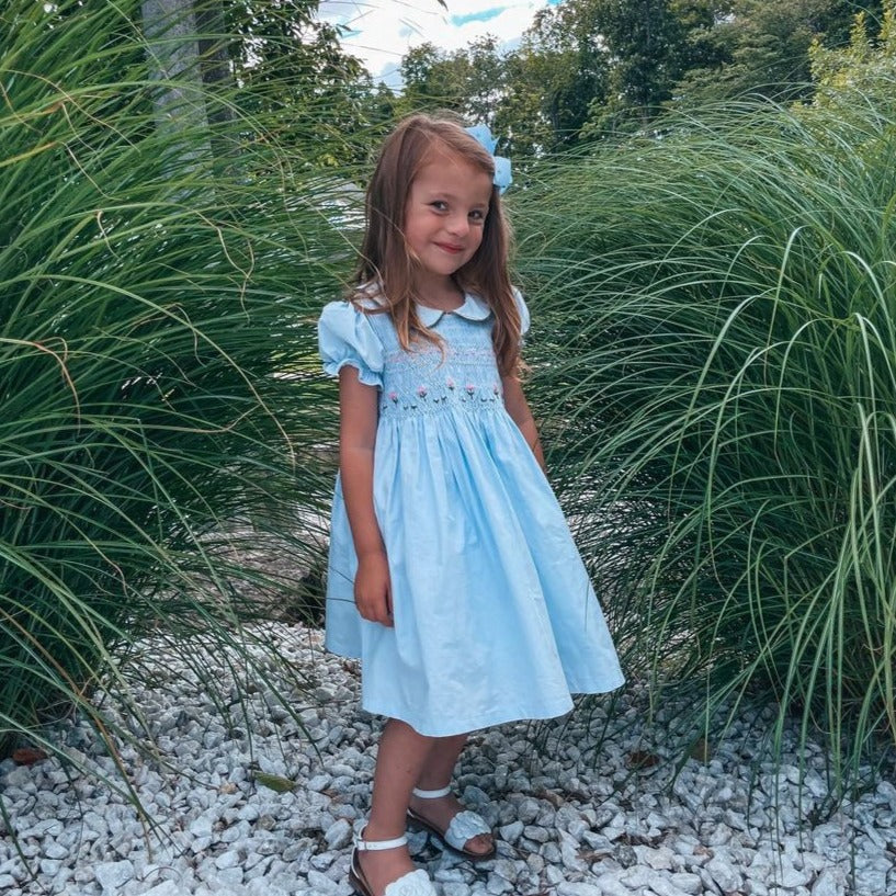 Hand Smocked Dress With Floral Embroidery,Blue/Green,12M to 6T.