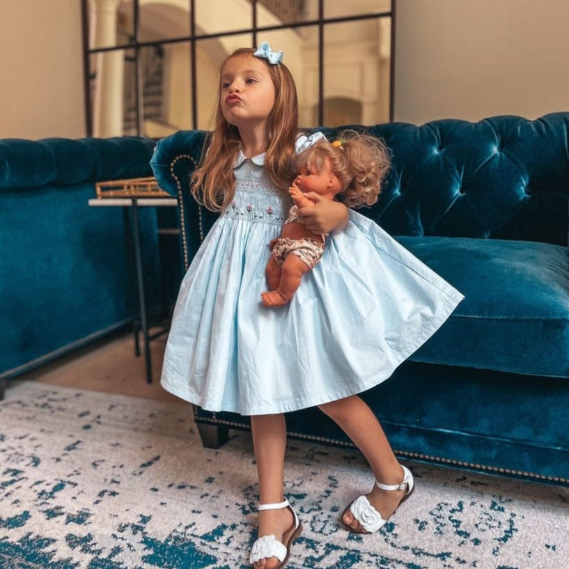 Hand Smocked Dress With Floral Embroidery,Blue/Green,12M to 6T.