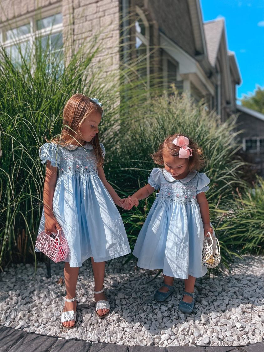 Hand Smocked Dress With Floral Embroidery,Blue/Green,12M to 6T.