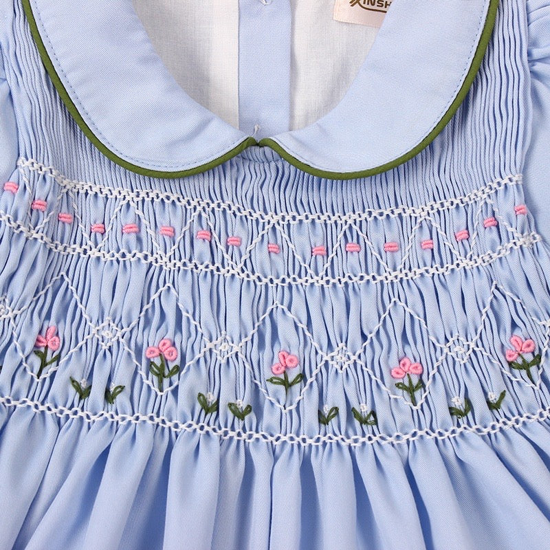 Hand Smocked Dress With Floral Embroidery,Blue/Green,12M to 6T.