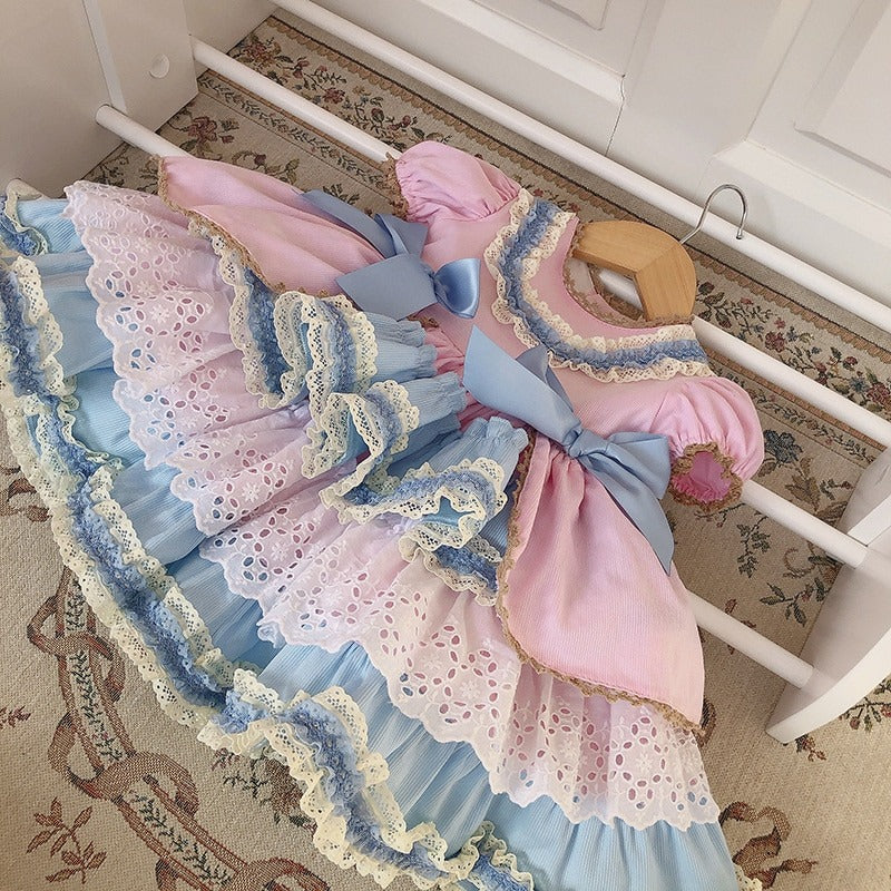 3Pc Pink & Blue Spanish Lolita Dress,12M to 6T.