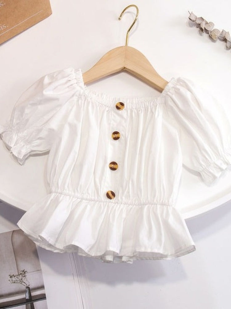 Puff Sleeves Top,White/Blue,12M to 7T.